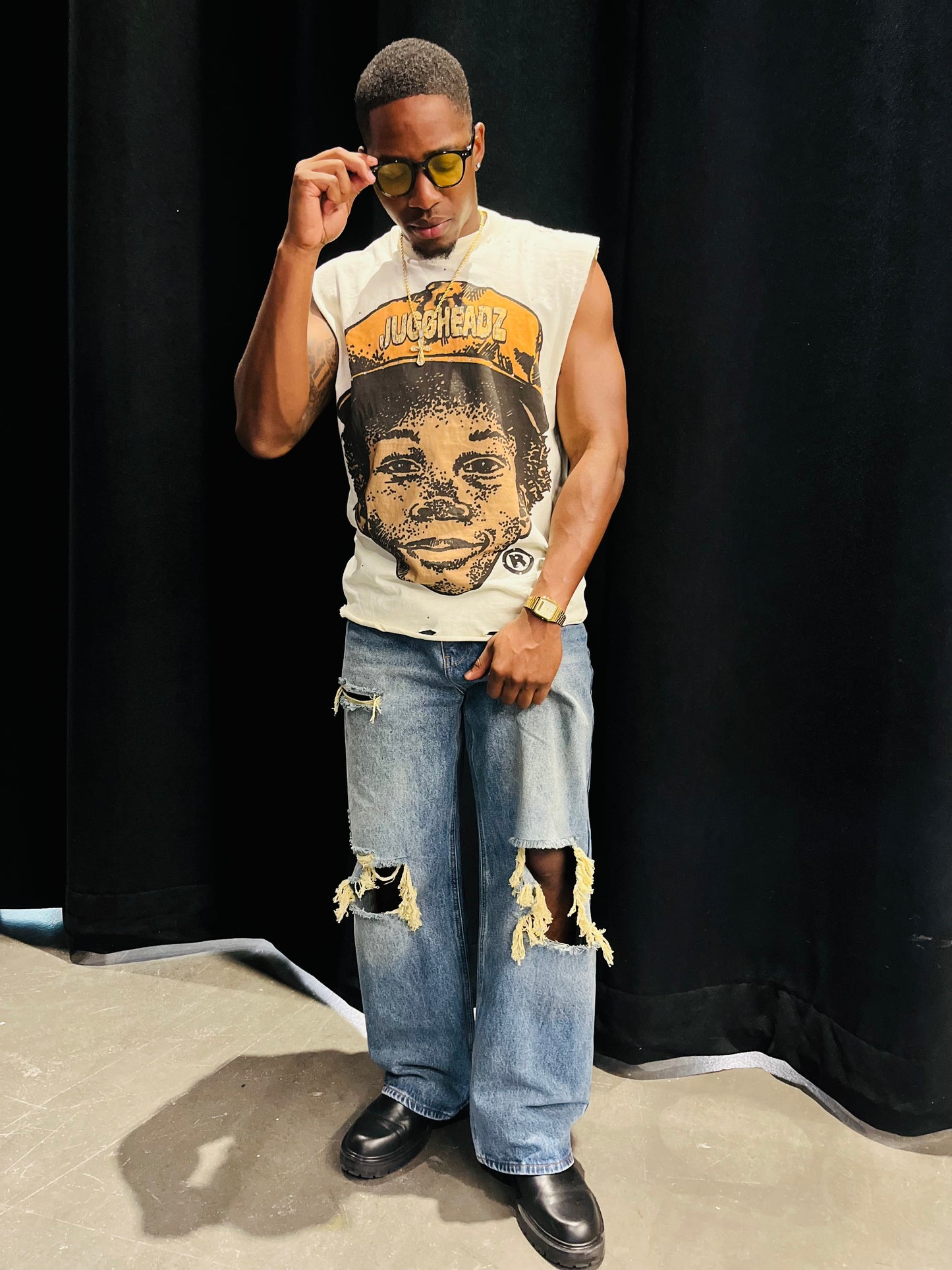 Cream Sleeveless World Wide Tee